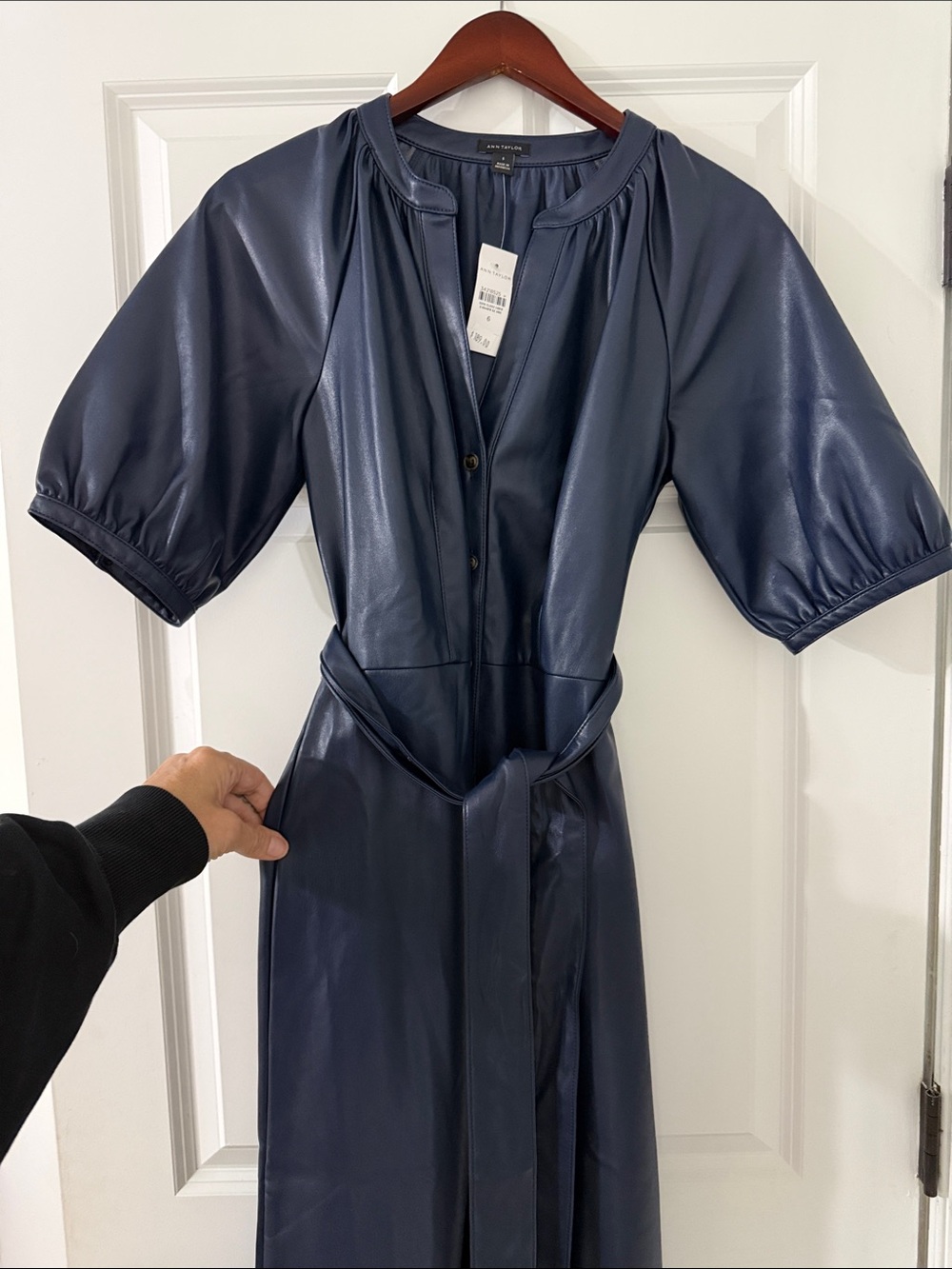 Ann Taylor Factory Navy Faux-Leather Button-tie waste - Front Midi Dress